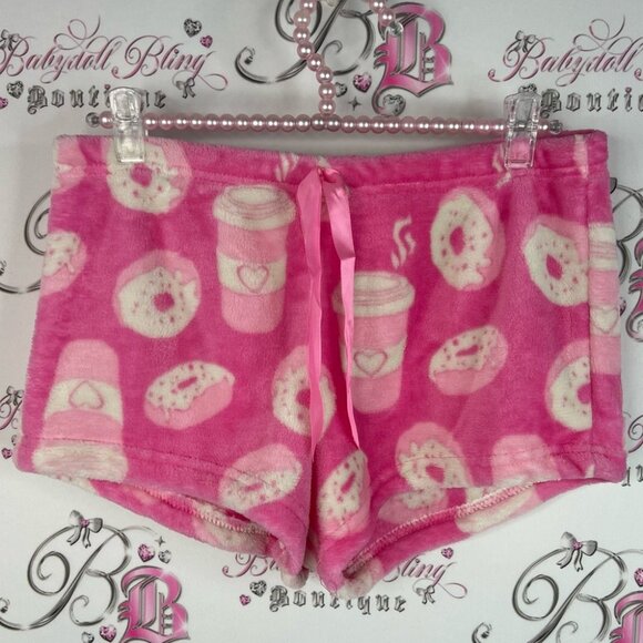 Shorts fleece coffee ☕️ and doughnut 🍩 Pink Donut Print Women Shorts soft cozy - Picture 1 of 6